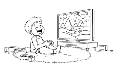 Zwart-wit tekening van een lachende jongen die op een vloerkleed zit en een videogame speelt op een platte televisie. Naast hem liggen spelcontrollers en een spelconsole.