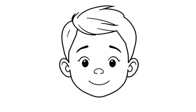 Kleurplaat van een jongen met grote, vriendelijke ogen en een glimlachend gezicht. Zwart-wit cartoontekening.