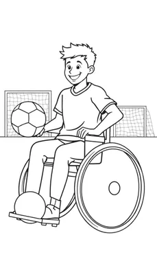 Kleurplaat van een lachende jongen met stekelig haar, zittend in een rolstoel en een voetbal vasthoudend. Op de achtergrond staan twee voetbaldoelen.