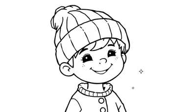 Zwart-wit lijntekening van een blij kijkend kind in wintermuts en trui, met sproetjes en een grote glimlach, naast een ster en een cirkel. Kleurplaat.
