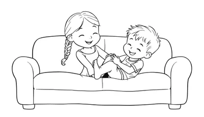 Kleurplaat van een meisje met een vlecht die een jongen op een bank kietelt. De jongen ligt lachend op zijn rug met zijn benen omhoog.