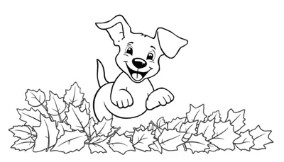 Kleurplaat van een lachende puppy die springt in een berg herfstbladeren, getekend in lijnwerk.