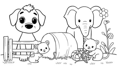 Kleurplaat met een hond, twee muisjes, een olifant en een katje die spelen in een buitenomgeving met hooibaal, hek, bloemen en gras.