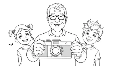 Kleurplaat van een glimlachende man met een camera, een meisje met staartjes en een jongen, die samen wachten op een foto.