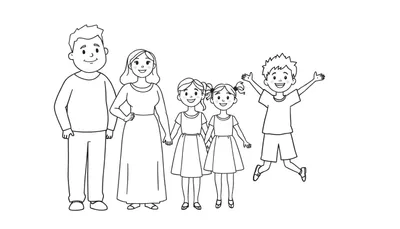 Zwart-wit lijntekening van een lachend gezin van vijf personen, met vader, moeder, twee meisjes hand in hand en een springende jongen.