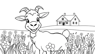 Kleurplaat van een lachende geit met kleine hoorntjes in een veld vol bloemen en grassprieten, met op de achtergrond een huis op een heuvel.