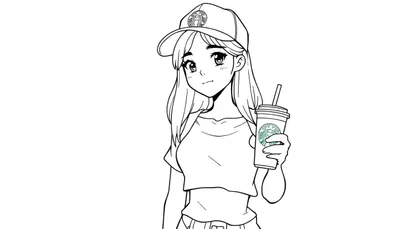Kleurplaat van een anime meisje met lang haar, grote ogen, een Starbucks pet en een Starbucks beker in haar hand.