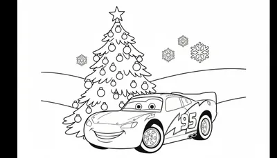 Zwart-wit kleurplaat van Bliksem McQueen met nummer 95, lachend voor een versierde kerstboom met een ster erop, omringd door zwevende sneeuwvlokken en een besneeuwd landschap.