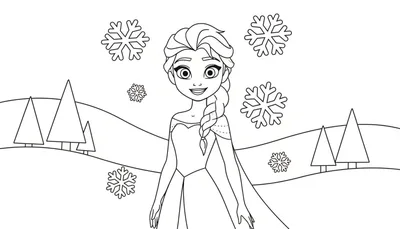 Kleurplaat van Elsa uit Frozen, lachend in een besneeuwd landschap met sneeuwvlokken en bomen.
