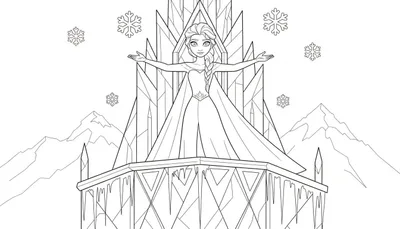 Zwart-wit kleurplaat van een jonge vrouw, vergelijkbaar met Elsa, met een vlecht en lange jurk, staand op een balkon met ijspegels. Op de achtergrond zie je een ijspaleis en besneeuwde bergen, met sneeuwvlokken in de lucht.