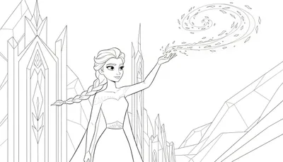 Kleurplaat van Elsa met haar handen omhoog, waaruit ijsmagie stroomt in een spiraal van kristallen, met een achtergrond van geometrische ijsformaties.