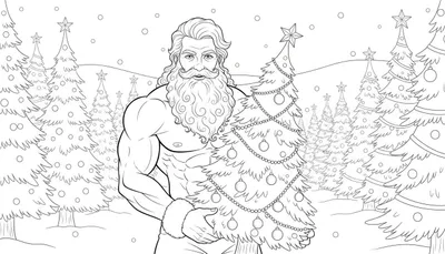 Zwart-wit lijntekening van een gespierde Kerstman met baard en golvend haar, die een kleine versierde kerstboom vasthoudt in een winterlandschap met dennenbomen en vallende sneeuw.