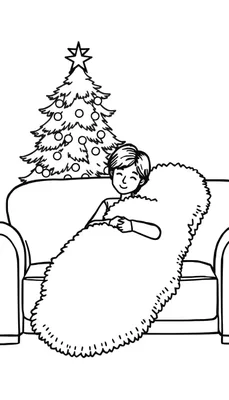 Kleurplaat van een lachend kind in een deken voor een kerstboom.