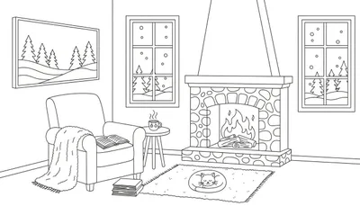 Kleurplaat van een gezellige winterkamer met open haard, fauteuil, kat en besneeuwd landschap.
