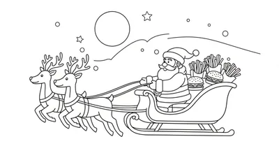 Zwart-witte kleurplaat van de Kerstman in zijn slee getrokken door rendieren, met de slee gevuld met frietjes en hamburgers, onder een nachtelijke hemel met maan en sterren.