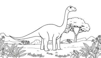 Kleurplaat van een grote, langnekkige dinosaurus met een glimlach, omringd door varens, bloemen, bomen en glooiende heuvels.