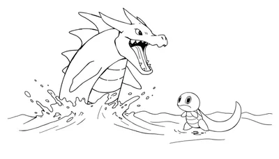 Zwart-wit kleurplaat van de Pokémon Gyarados die dreigend boven het water uitkomt, met een angstige Squirtle in het ondiepe water aan de rechterkant.