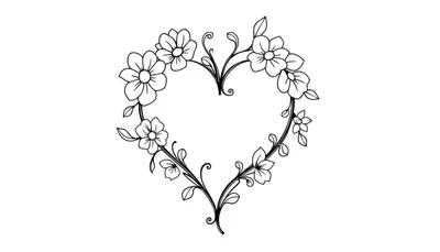 Zwart-wit tekening van een hartvormige bloemenkrans met gedetailleerde ranken, bloemen en bladeren. De opening in het midden is zichtbaar.