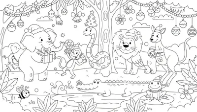 Kleurplaat van dieren in een jungle met kerstversieringen: olifant met cadeaus, aap met krans, slang om boomstronk met kerstboom, leeuw, kangoeroe met krans, krokodil met ster, en kikker met parelketting.