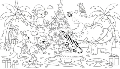 Zwart-wit lijntekening van een jungle met kerstversiering en dieren die kerst vieren.