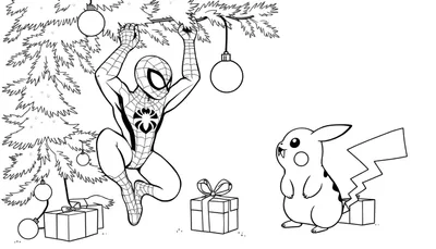 Zwart-wit kleurplaat met een kerstboom, Spider-Man hangend aan een tak en Pikachu die omhoog kijkt.
