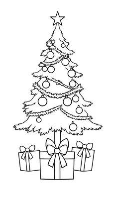 Kleurplaat van een versierde kerstboom met slingers, kerstballen, een ster bovenaan en drie cadeaus met strikken eronder.