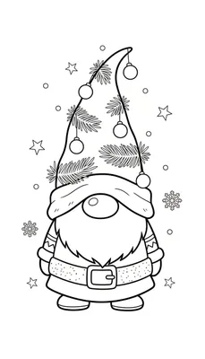 Zwart-wit lijntekening van een vriendelijke kabouter met een kerstmuts, sterren en sneeuwvlokken als kleurplaat.