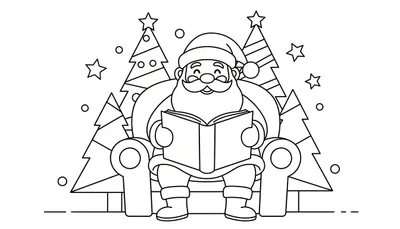 Zwart-wit lijntekening van een lachende Kerstman met baard en muts, zittend in een fauteuil met een boek. Twee kerstbomen met sterren en ballen staan achter hem. Sterren en cirkels zweven rondom.