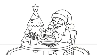 Kleurplaat van de Kerstman met een grote lach die een hamburger vasthoudt, met een kerstboom en frietjes op tafel.
