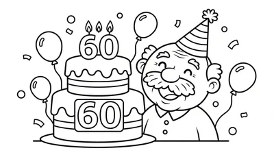 Zwart-wit lijntekening van een kleurplaat: een blije oudere man met snor en feesthoedje, een tweelaagse verjaardagstaart met '60' kaarsjes en decoratie, zwevende ballonnen en confetti.