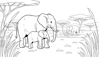 Kleurplaat lijntekening van drie olifanten in een Afrikaanse savanne, met acaciabomen, hoog gras en een waterpoel.