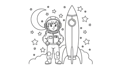 Kleurplaat van een lachende jongen in een astronautenpak met handen in de zij, naast een puntige raket met een rond venster en drie stabilisatievinnen. Op de achtergrond een halve maan, talloze sterren en wolkjes onder de raket.