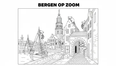 Zwart-wit kleurplaat van Bergen op Zoom met water, boten, historische gebouwen, een kerktoren, een poort en vijf rode panda's verstopt.