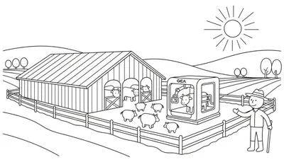 Kleurplaat van een boerderijlandschap met koeien, een stal, een GEA melkrobot en een boer die zwaait.