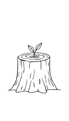 Zwart-wit lijntekening van een boomstronk met een jong plantje dat eruit groeit. De boomstronk heeft zichtbare jaarringen en schorslijnen, het plantje heeft twee blaadjes en wordt omringd door kleine cirkels.