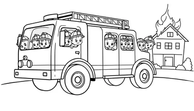 Zwart-wit kleurplaat van een brandweerwagen met acht vrolijke kinderen die brandweerhelmen dragen en uit de ramen kijken. De wagen rijdt op een weg naar een huis met grote vlammen uit het dak.