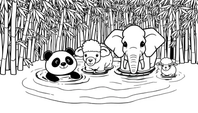 Kleurplaat van een panda, twee lammetjes en een olifant in een waterplas met bamboebos op de achtergrond. De dieren kijken vrolijk naar voren.