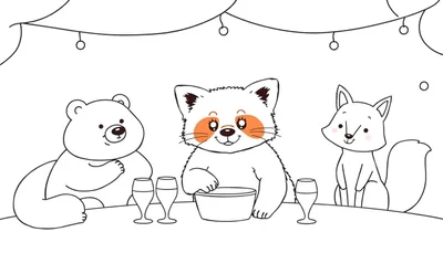 Kleurplaat van drie antropomorfe dieren: een lachende beer, een rode panda die uit een kom eet, en een lachende vos, samen aan tafel onder een slinger met lampjes. Er staan glazen op tafel.