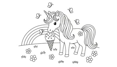 Een zwart-wit tekening van een schattige eenhoorn die een ijshoorntje likt, met een regenboog en vlinders op de achtergrond.