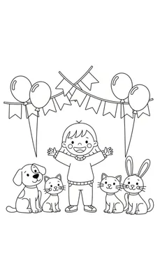 Zwart-wit kleurplaat van een lachend meisje met open armen, omringd door een hond, twee katten en een konijn, met feestelijke ballonnen en een vlaggetjesslinger erboven.