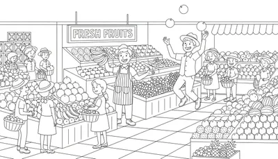 Zwart-wit kleurplaat van een levendige fruitmarkt met verkopers, klanten, mandjes vol appels, sinaasappels, bananen, watermeloenen en ananassen. Een verkoper met schort houdt bananen omhoog en een jong meisje met een mandje luistert. Een man met een hoed jongleert met fruit.