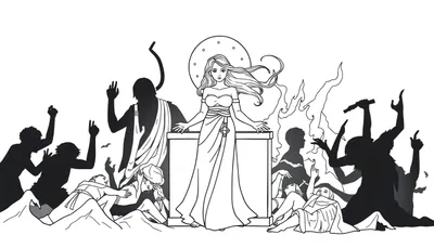 Zwart-wit illustratie van een sereen vrouwelijk figuur in het midden, omringd door chaotische silhouetten van rebellerende mensen, demonische figuren en vlammen. Het beeld symboliseert de strijd tussen orde en chaos.