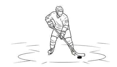 Zwart-witte lijntekening van een ijshockey speler met helm, handschoenen, nummer 2/82 op shirt, schaatsen en stick, gebogen over een puck op het ijs.