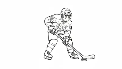 Zwart-wit lijntekening van een ijshockeyer met helm, shirt met nummer 82, handschoenen, broek en schaatsen, klaar om een puck te spelen.