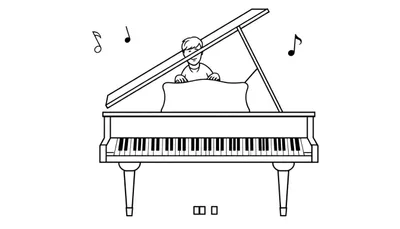 Kleurplaat van een jongen die achter een piano speelt, met muzieknoten zwevend boven de vleugel.