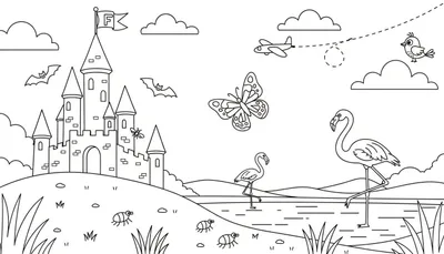 Kleurplaat van een landschap met een kasteel, vleermuizen, een vlinder, een vliegtuigje, flamingo's, insecten en heuvels.