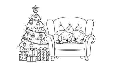 Zwart-wit kleurplaat van een gezellige kerstscène met een versierde kerstboom links, cadeautjes onder de boom, een fauteuil rechts, en twee slapende puppy's in de fauteuil.