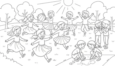 Zwart-wit tekening van twaalf lachende kinderen die buiten spelen in een park met bomen en heuvels op de achtergrond, onder een grote zon.