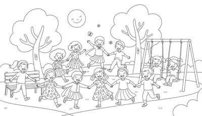 Zwart-wit kleurplaat van ongeveer zestien lachende kinderen die buiten spelen in een park. Ze dansen in een kring, schommelen, en rennen, met grote bomen en een lachende zon op de achtergrond.