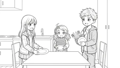 Kleurplaat van drie lachende kinderen die helpen met het dekken van de tafel in een keuken.